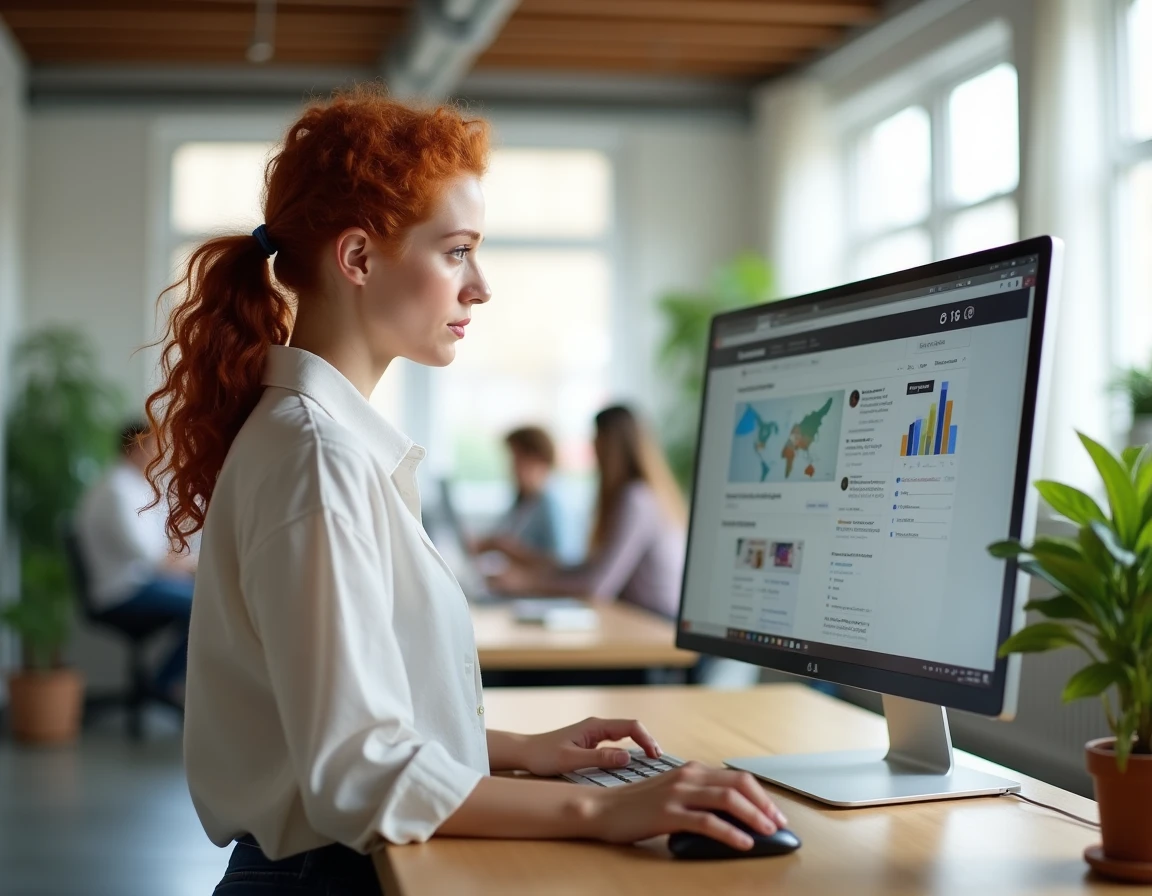 Jeune femme accédant à l'interface de gestion Overblog sur un ordinateur de bureau en espace de coworking