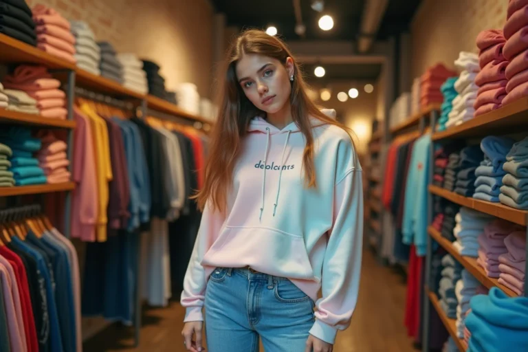 Adolescente en hoodie Nike et baskets New Balance dans une boutique streetwear tendance en 2024