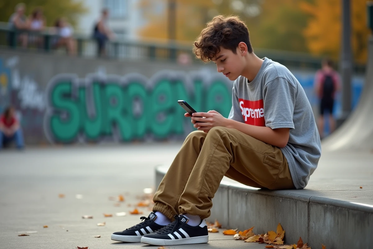 Adolescent en tenue Supreme et Adidas dans un skatepark urbain, marques tendance ados 2024