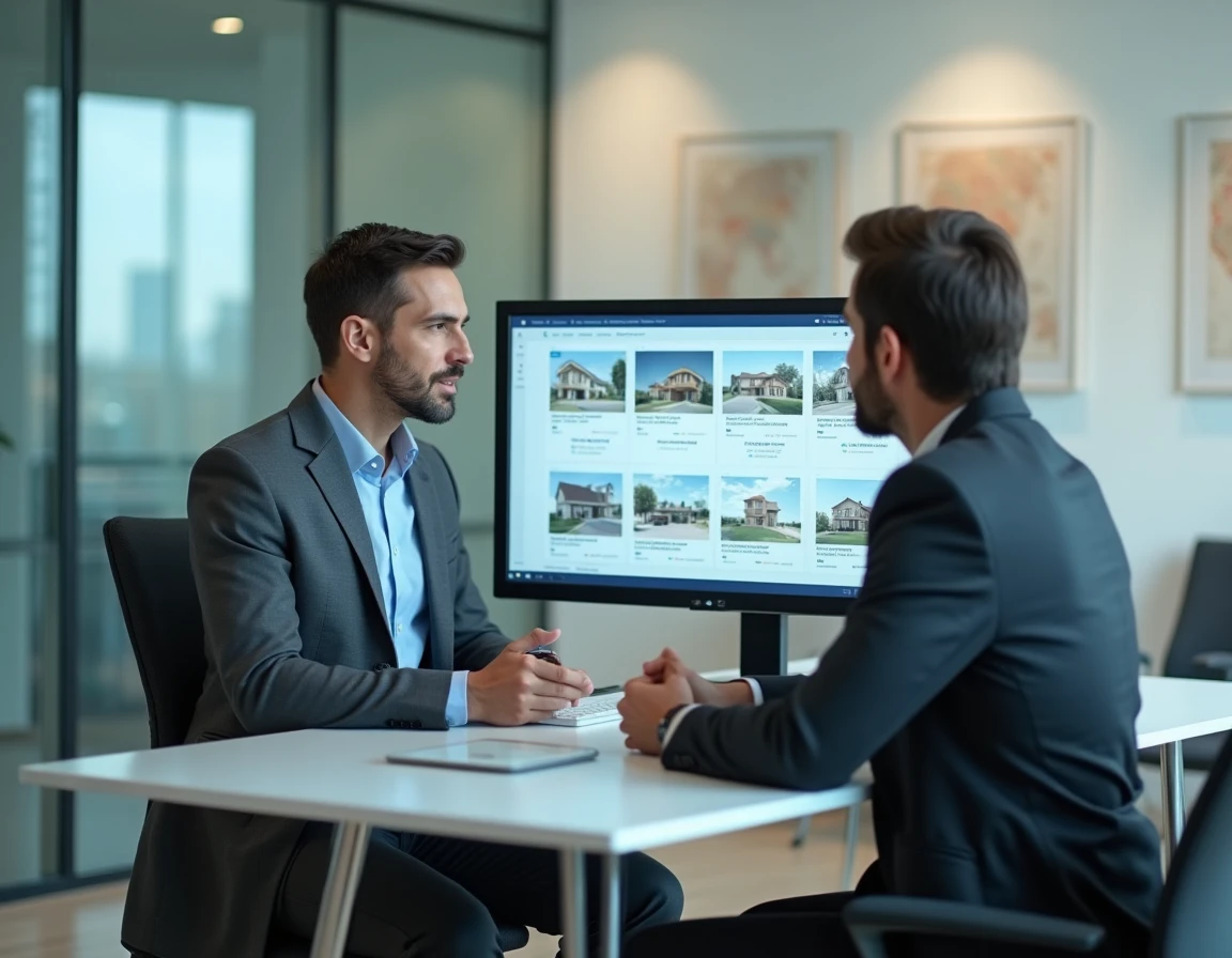 Agent immobilier présentant des annonces sur un portail numérique à un client en agence