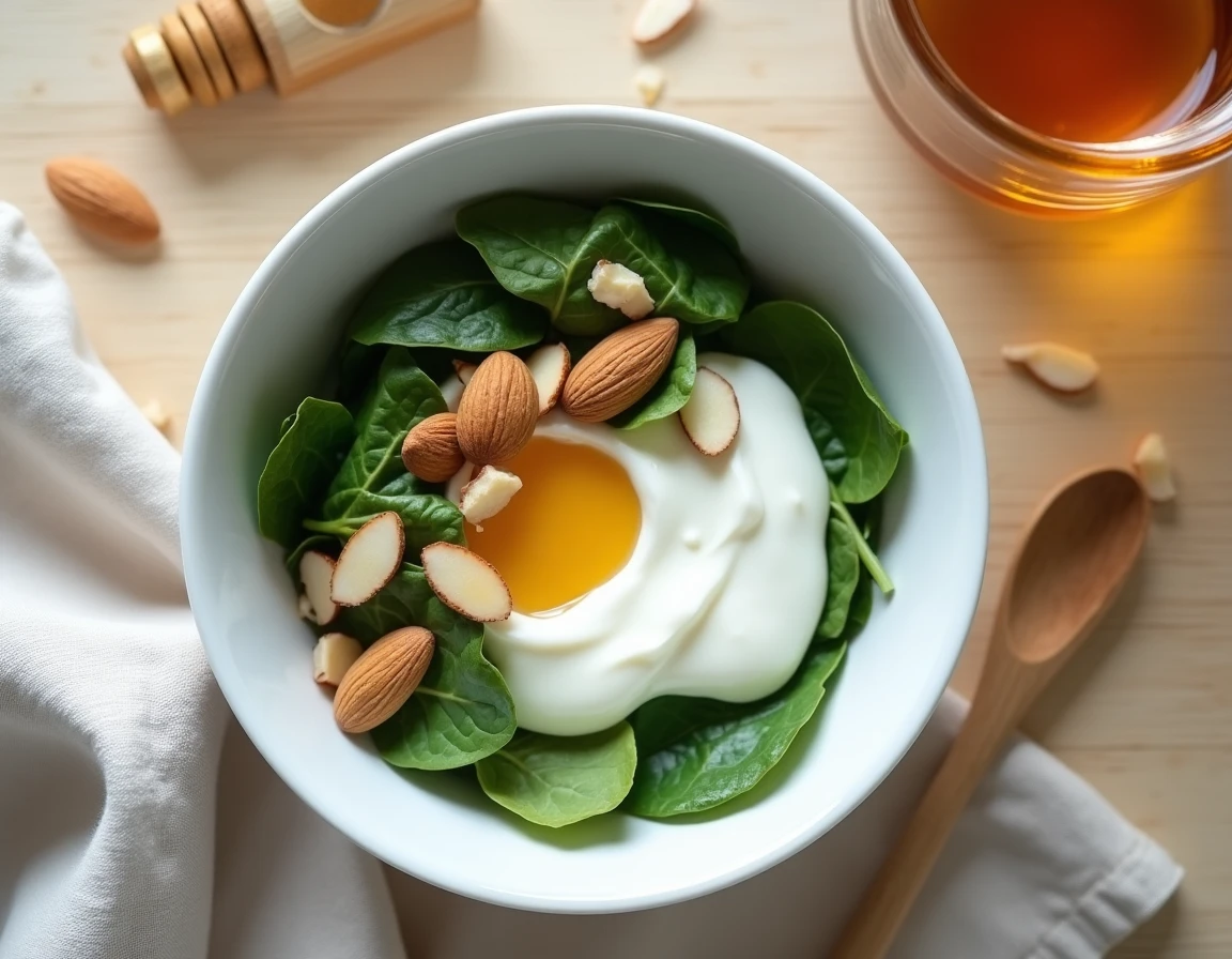 Bol de yaourt, épinards, amandes et miel sur une table en bois, aliments bénéfiques pour la santé bucco-dentaire et la prévention des aphtes