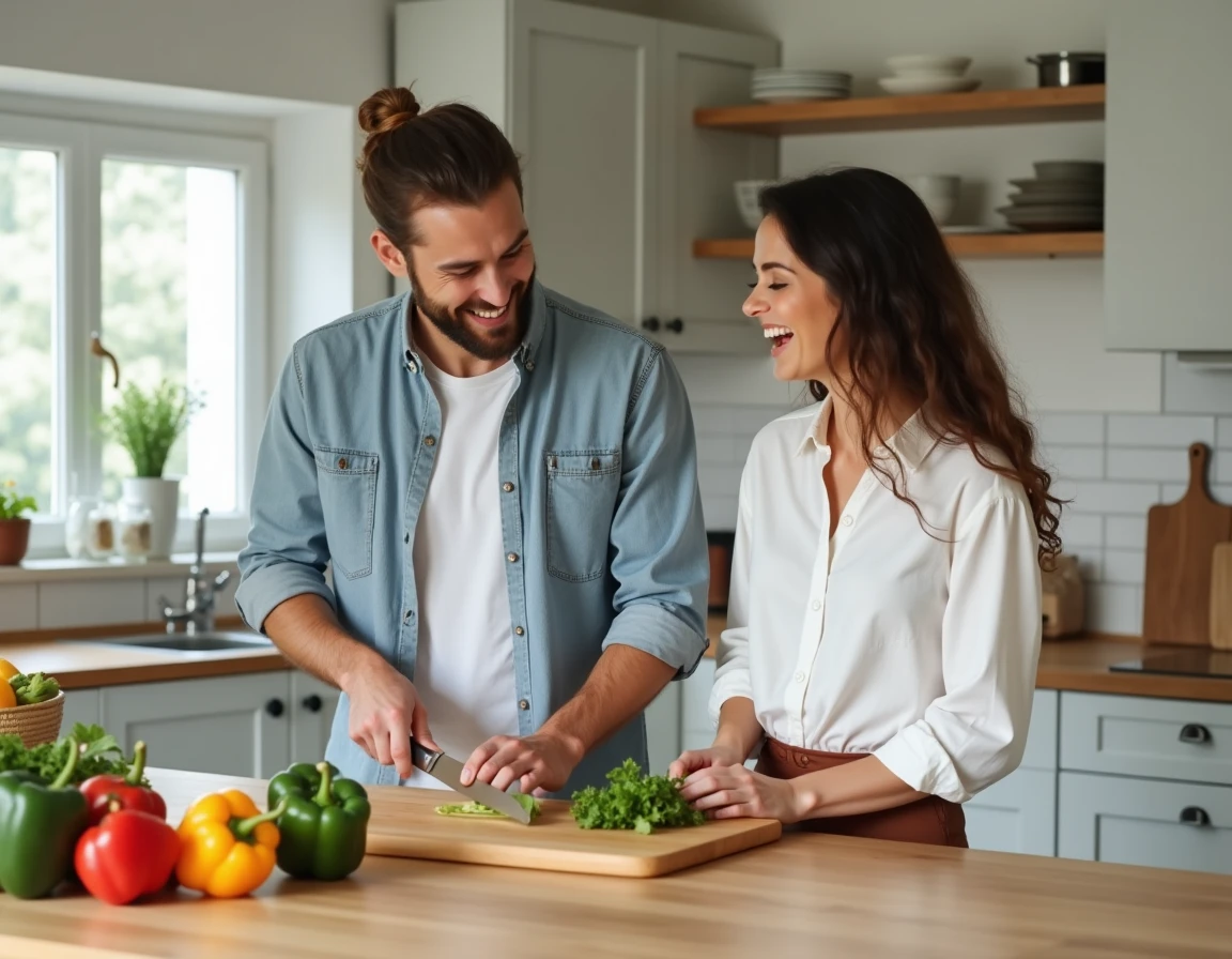 Deux amis qui cuisinent ensemble en riant autour d'une planche à découper dans une cuisine moderne de style scandinave