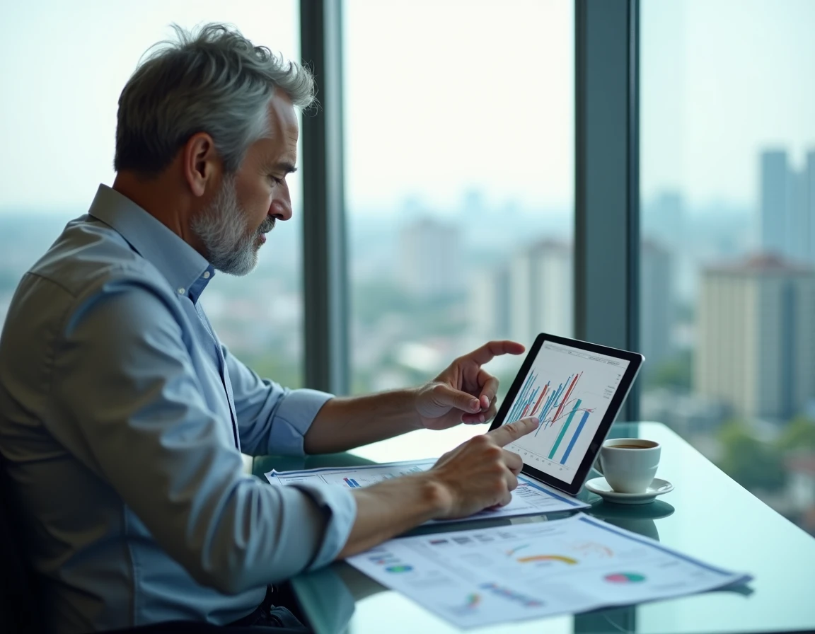 Analyste immobilier consultant des graphiques de prix sur tablette dans un bureau avec vue sur quartier résidentiel
