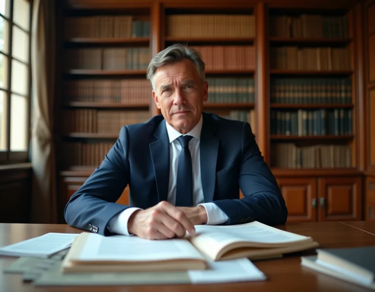 Avocat d'affaires examinant des créances privilégiées et documents juridiques liés à l'article L 622-17 du code de commerce dans un cabinet d'avocats