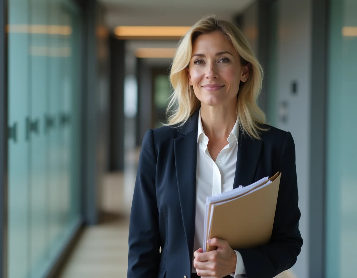Avocate tenant un dossier juridique dans un couloir de cabinet juridique spécialisé en droit routier
