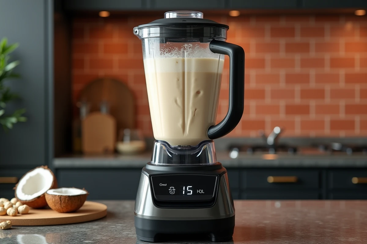 Gros plan d'un blender professionnel contenant une crème de cajou en cours de mixage sur un plan de travail en granit