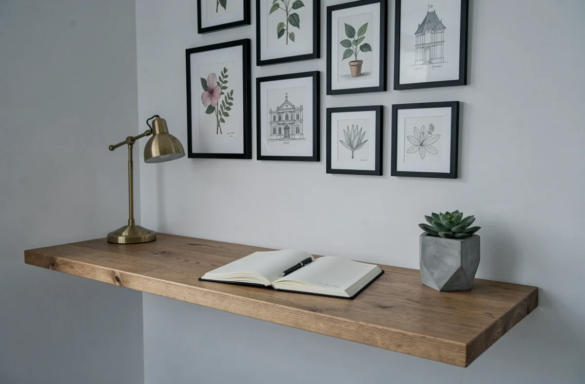 Coin bureau minimaliste avec desk en chêne, lampe en laiton vintage et galerie de cadres botaniques sur le mur