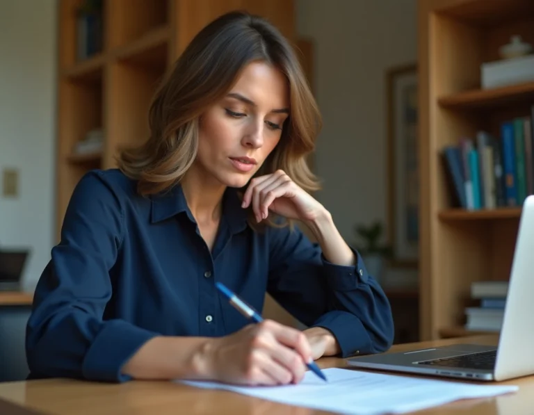 Femme consultant des documents d'assurance à son bureau pour changer d'agence Maaf