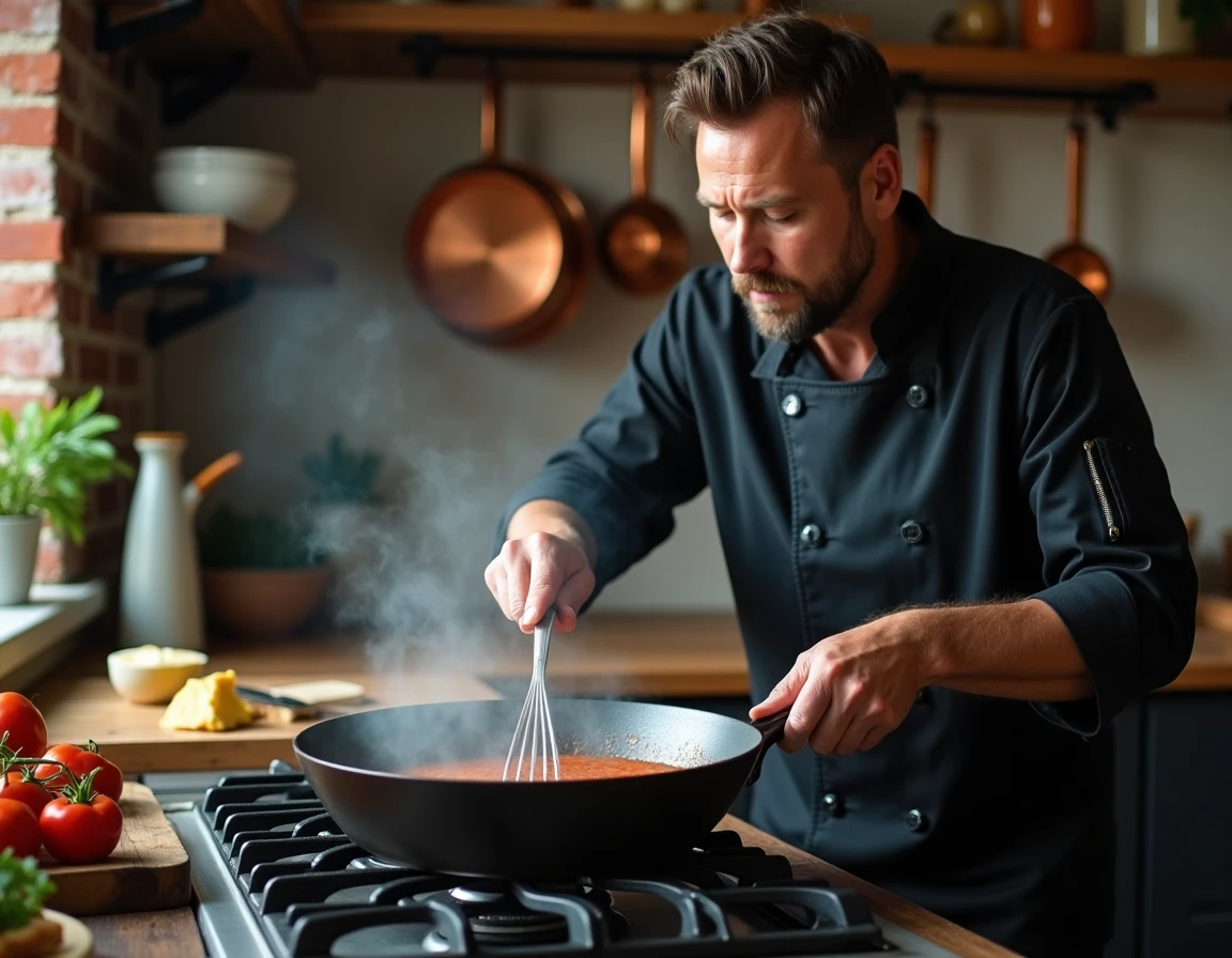Chef cuisinier remuant une sauce dans une casserole en fonte sur un fourneau à gaz dans une cuisine semi-professionnelle