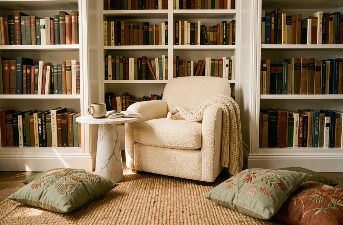 Coin lecture douillet avec fauteuil bouclé ivoire, bibliothèque intégrée et plaid en maille dans une alcôve