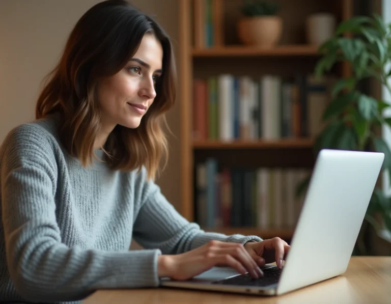 Femme connectée à son compte Overblog sur un ordinateur portable dans un bureau à domicile