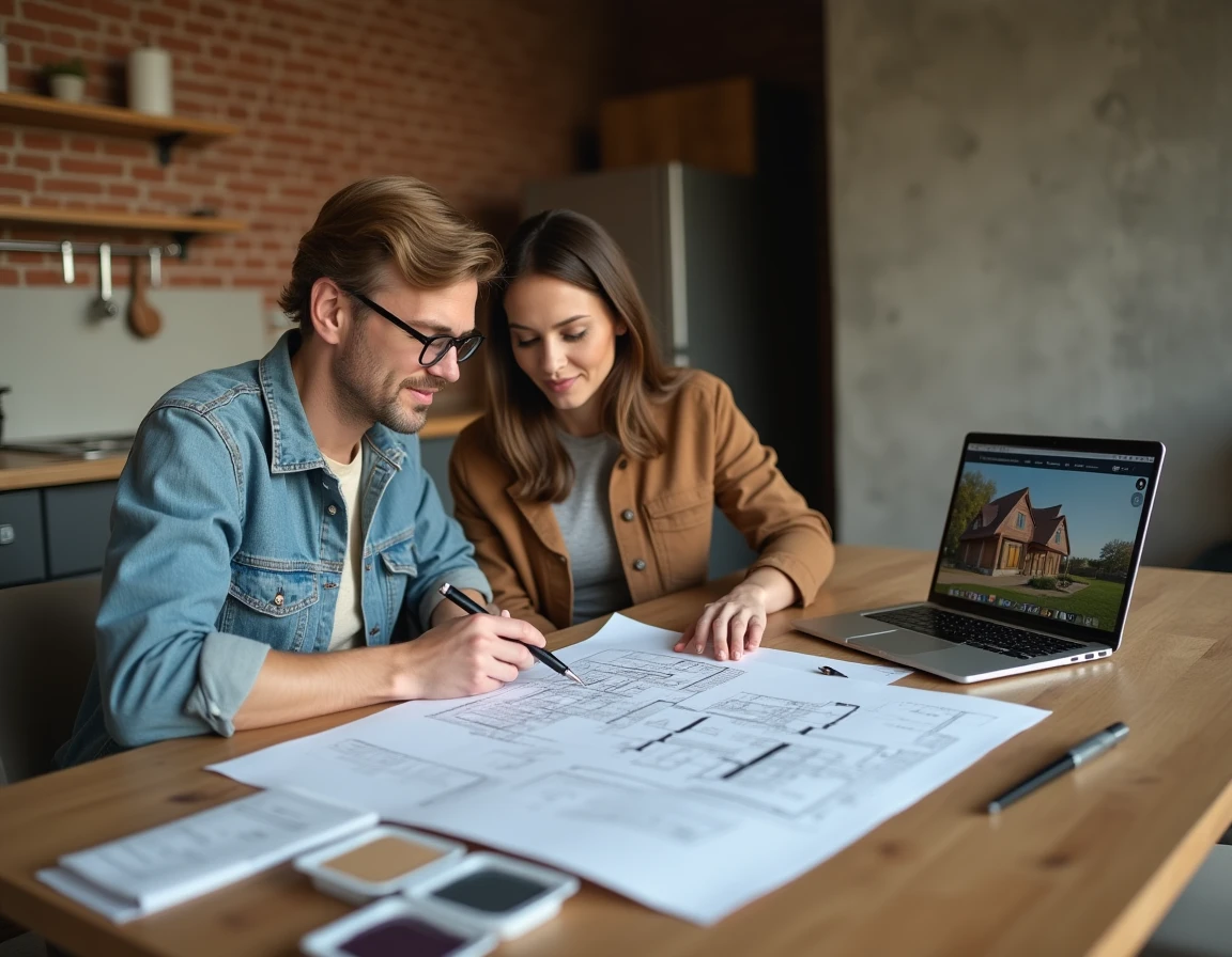 Couple étudiant des plans immobiliers dans un appartement en rénovation avec murs en briques apparentes