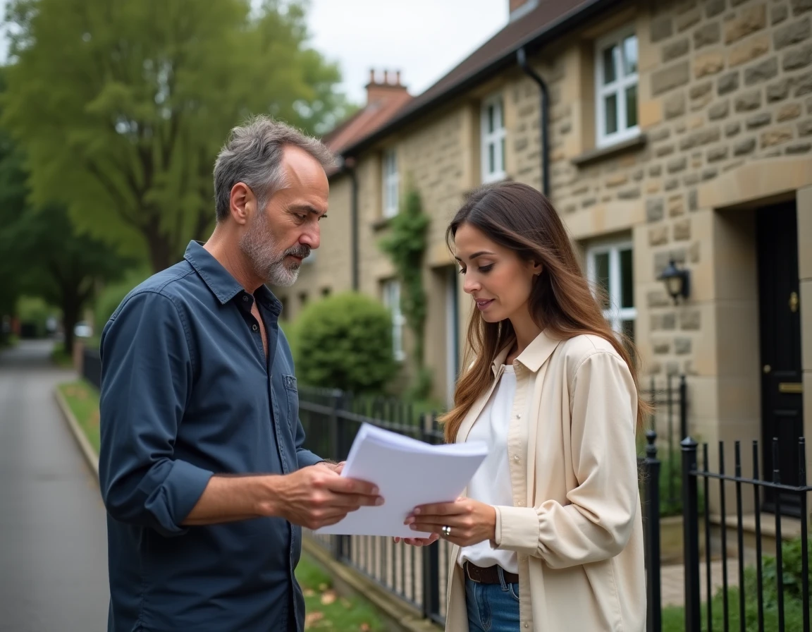 Couple visitant une maison après avoir trouvé le bien via un portail immobilier
