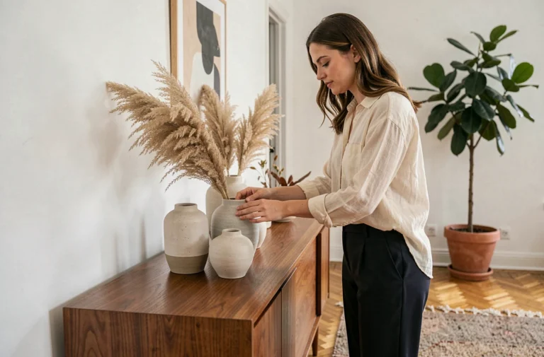 Femme arrangeant des vases en céramique et herbes de pampa sur un buffet en bois dans un salon de style scandinave