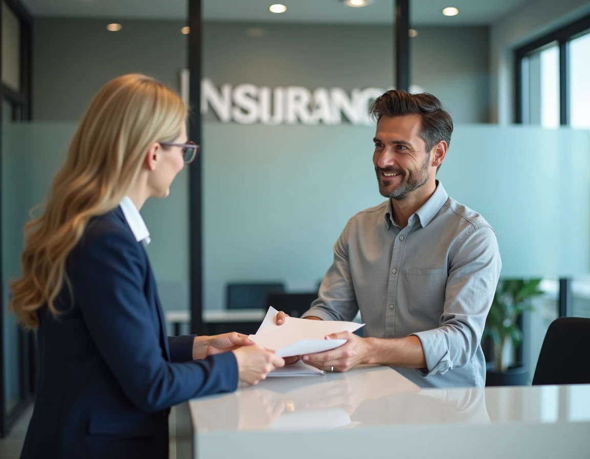 Client remettant un formulaire de changement d'agence à un conseiller Maaf en agence