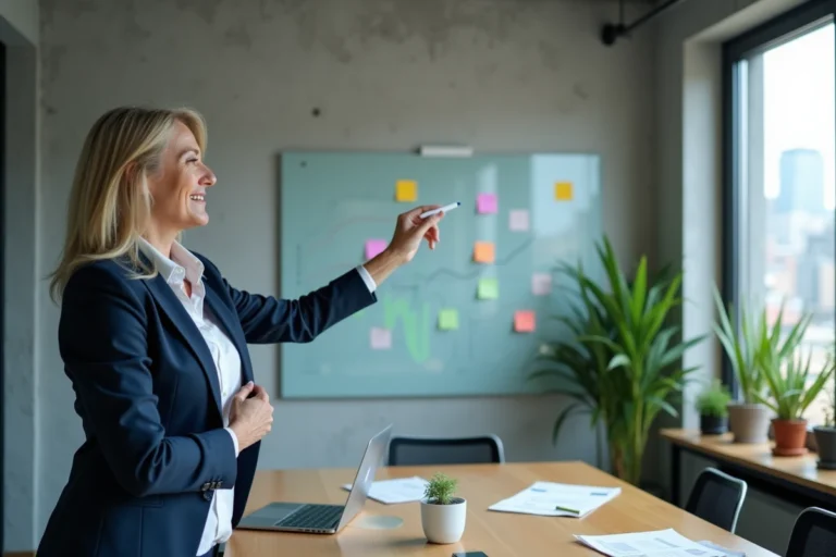 Dirigeante de PME présentant une stratégie de croissance sur un tableau blanc dans un bureau moderne
