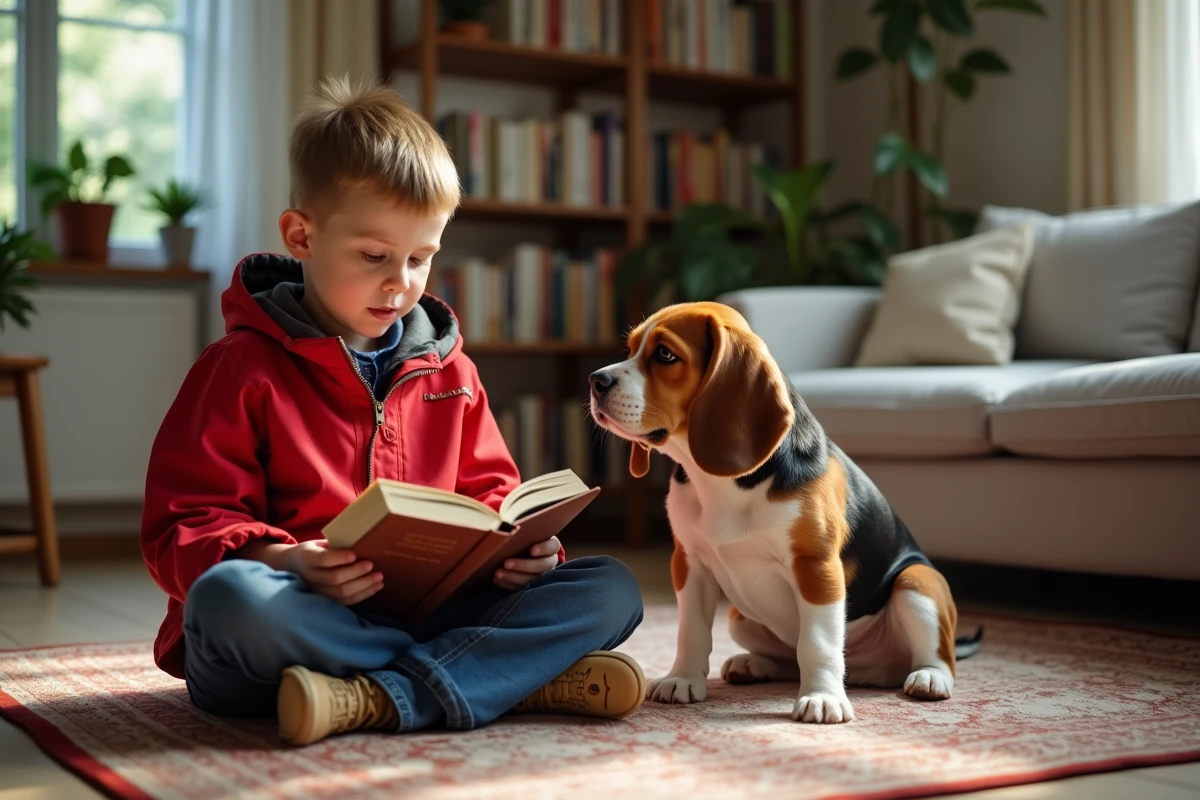 Enfant lisant avec un chien dans le salon