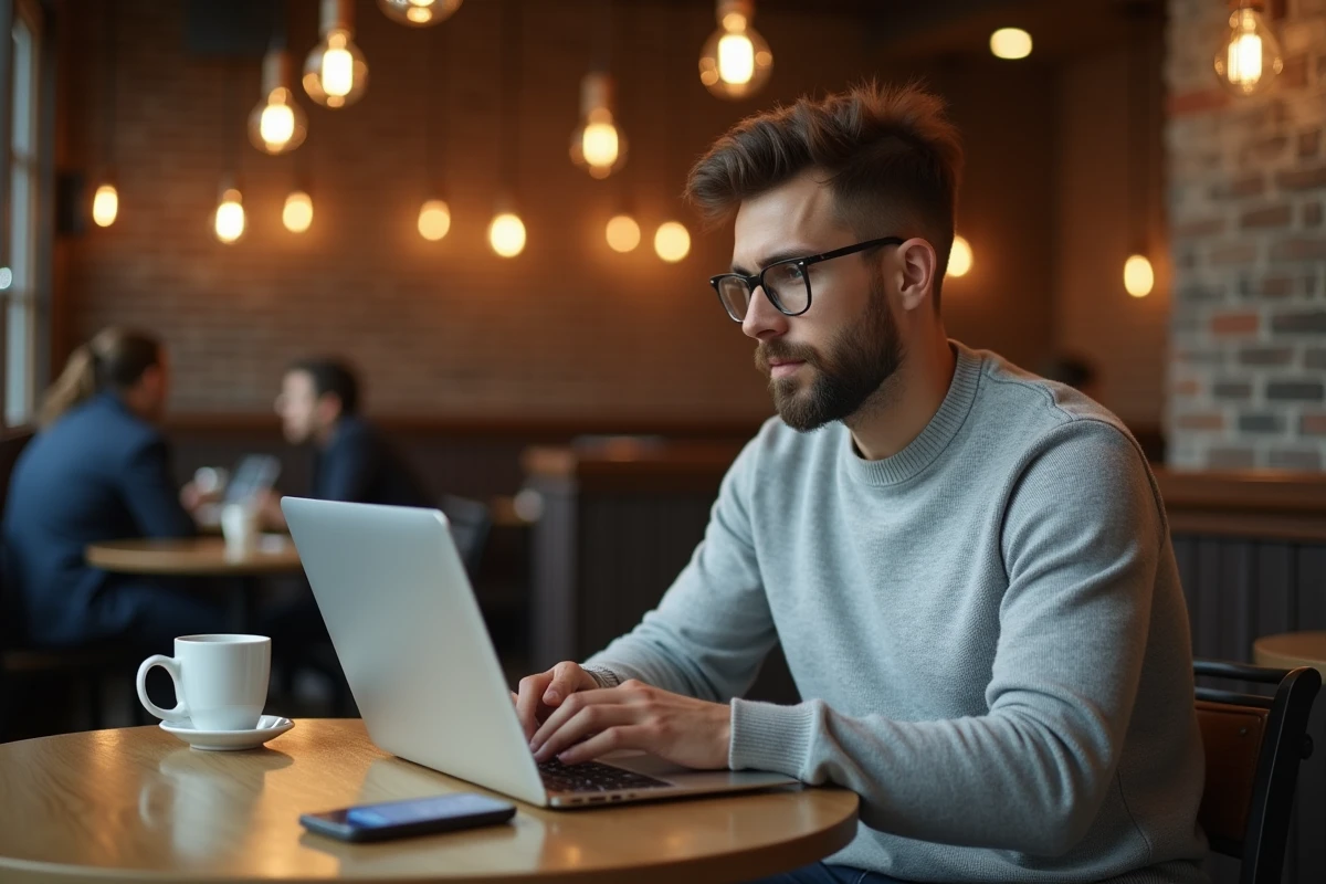 Jeune entrepreneur consultant les actualités business et économiques dans un café urbain