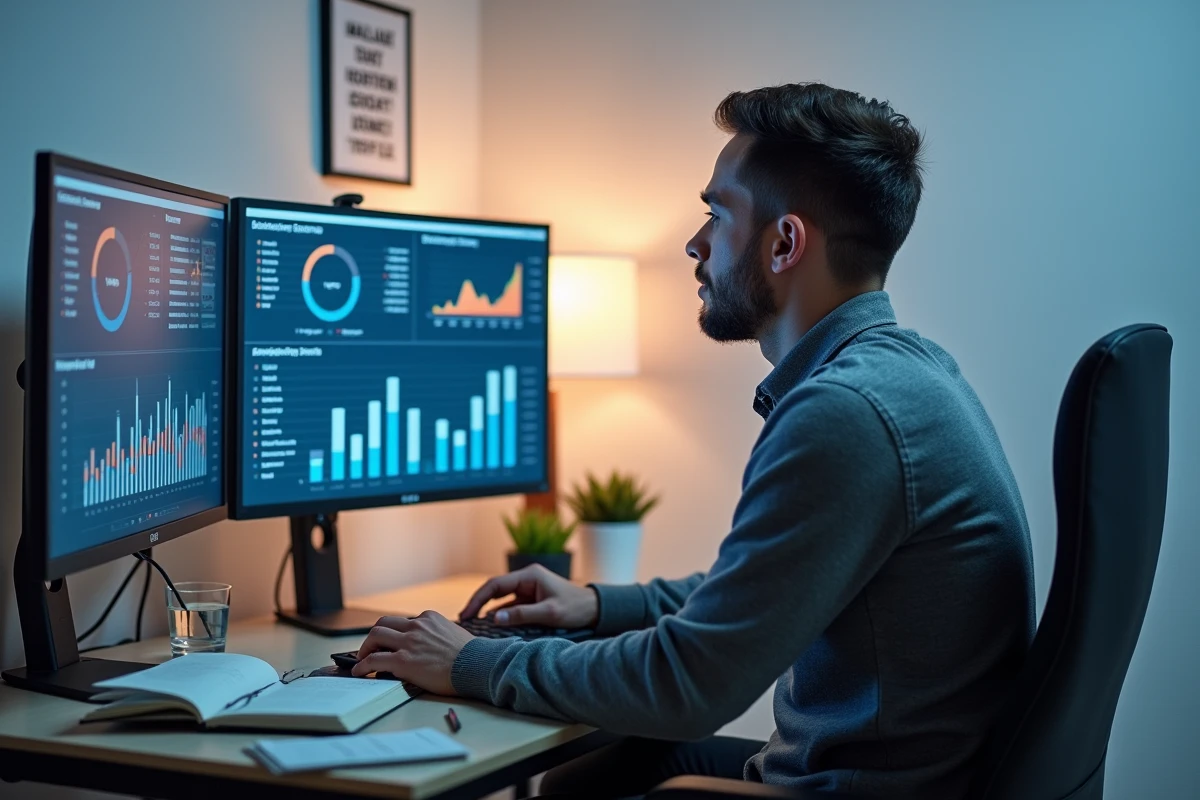 Entrepreneur analysant des données de croissance sur des tableaux de bord numériques dans un bureau à domicile
