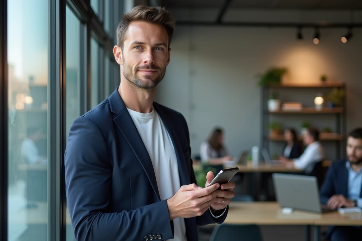 Homme entrepreneur tenant un smartphone affichant un profil Instagram proche de 100 000 abonnés dans un espace de coworking
