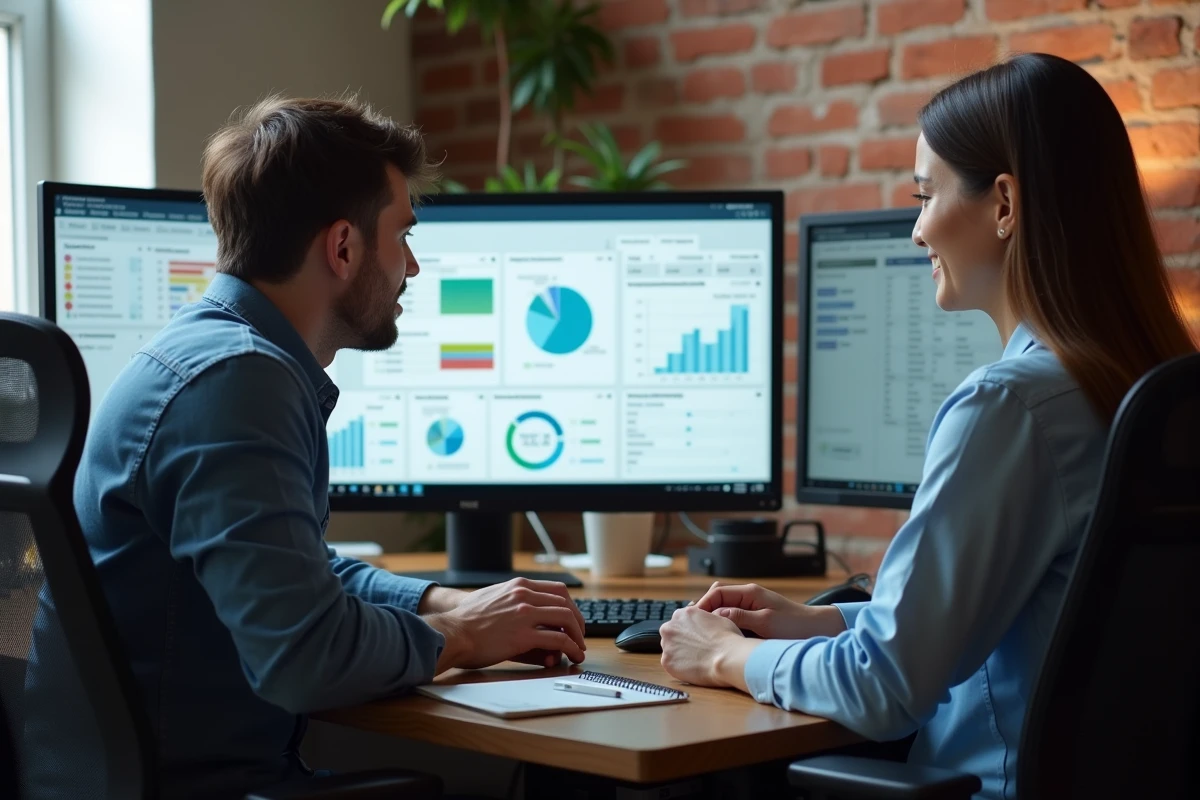 Deux professionnels analysant un logiciel de gestion immobilière sur ordinateur dans un espace de coworking