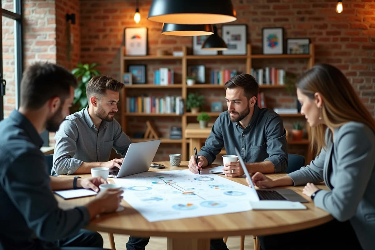 Équipe de PME collaborant autour d'une feuille de route stratégique dans un espace de coworking