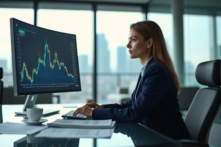 Femme d'affaires analysant des graphiques économiques sur un écran dans un bureau moderne