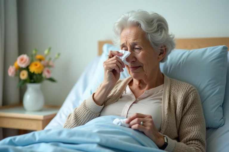 Femme âgée en lit d'hôpital pleurant doucement