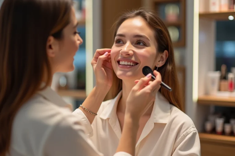 Femme souriante en boutique de beauté en train de recevoir du maquillage