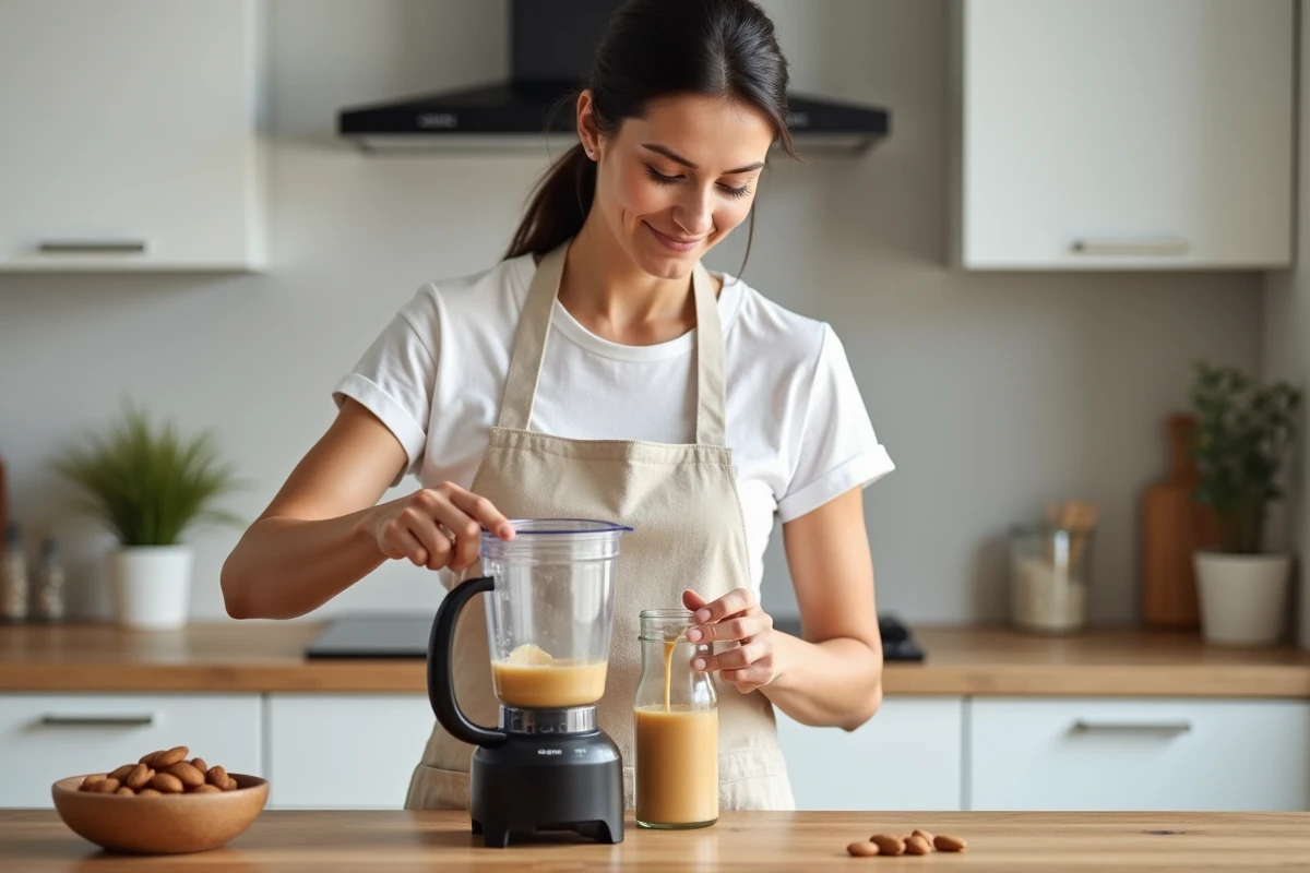 Femme versant du beurre d'amande maison depuis un blender dans un pot en verre sur un plan de travail en bois