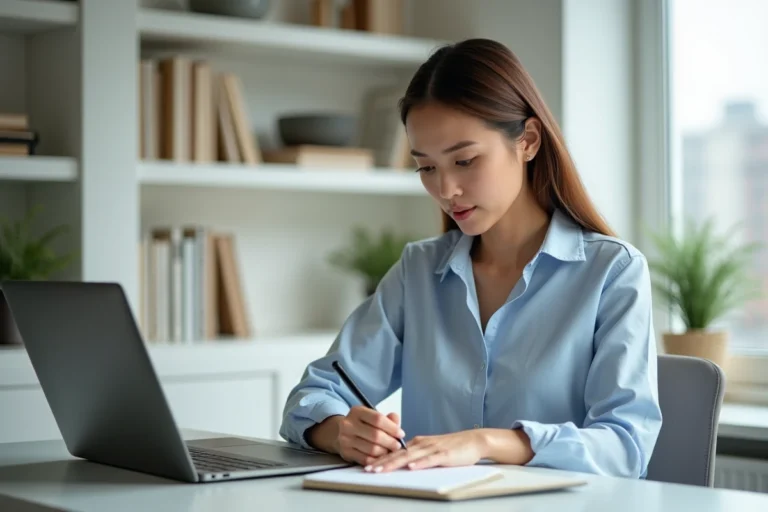 Jeune femme en bureau moderne travaillant sur son ordinateur