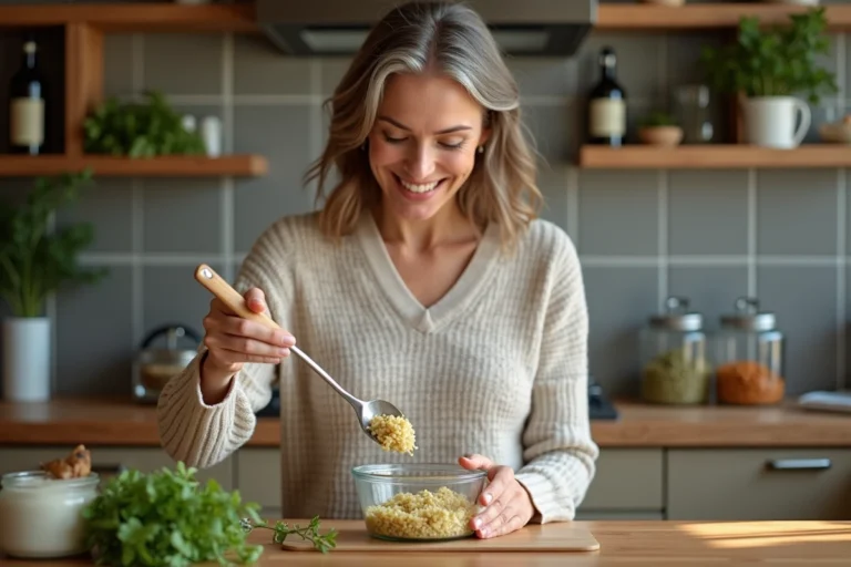 Femme souriante préparant du taboulé dans la cuisine