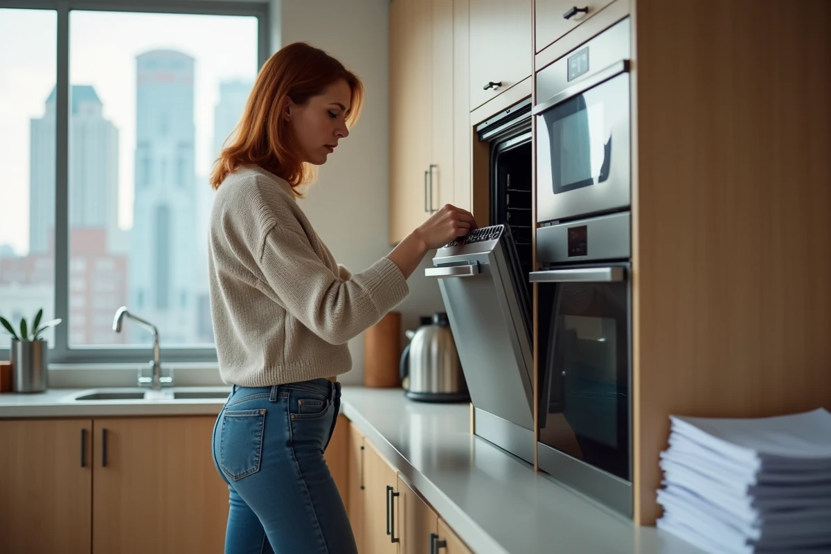 Femme examinant un four encastré dans une cuisine moderne