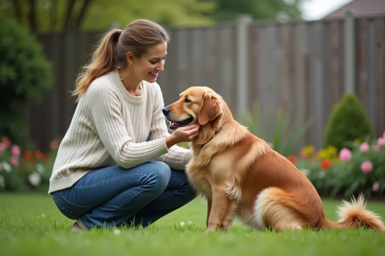 Femme en jardin avec un retriever doré
