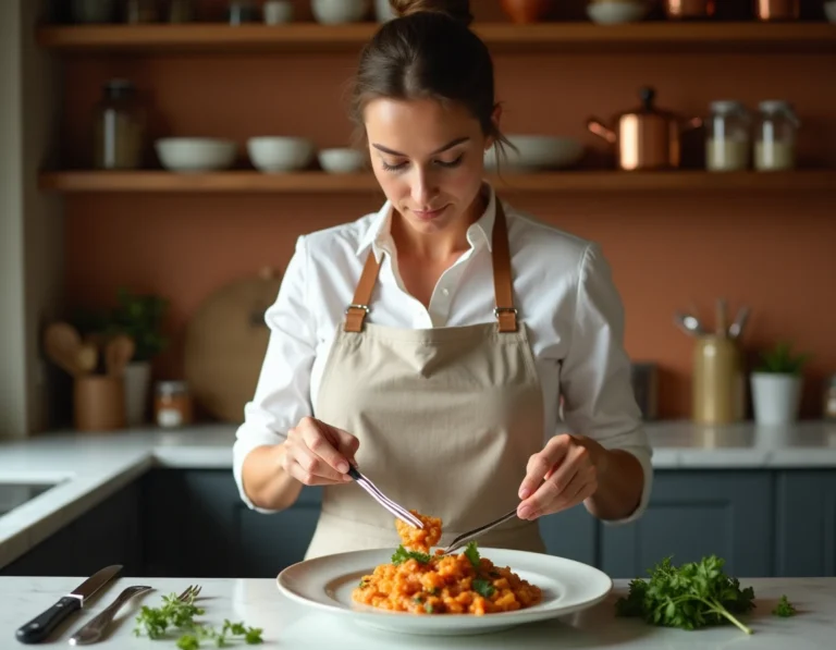 Femme qui dresse une assiette avec soin dans une cuisine rustique aux étagères en bois et plan de travail en marbre