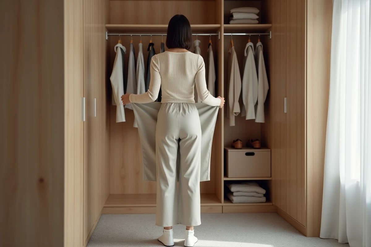 Femme essayant un pantalon devant un miroir pour vérifier la taille avant un achat Zalando