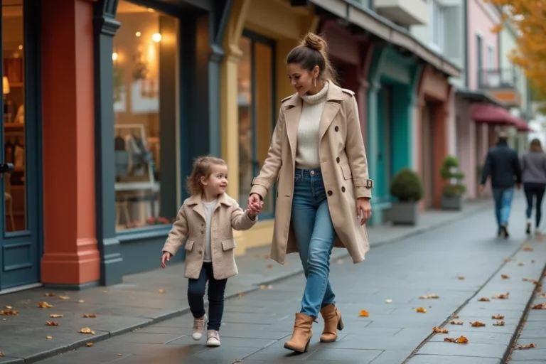 Femme en trench beige et enfant dans une rue urbaine automnale