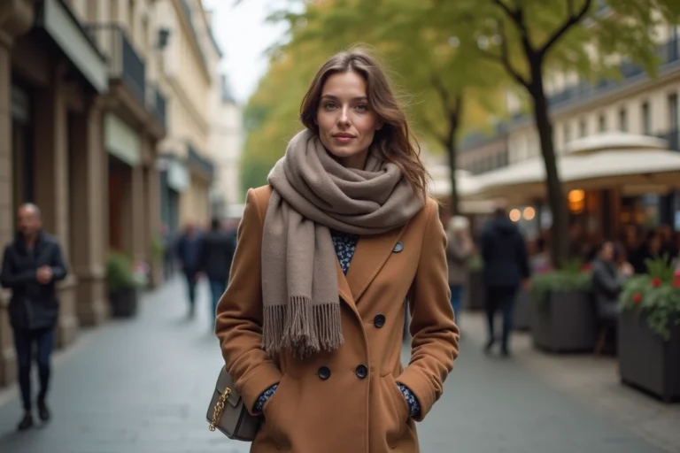 Femme dans la rue à Paris avec manteau en laine