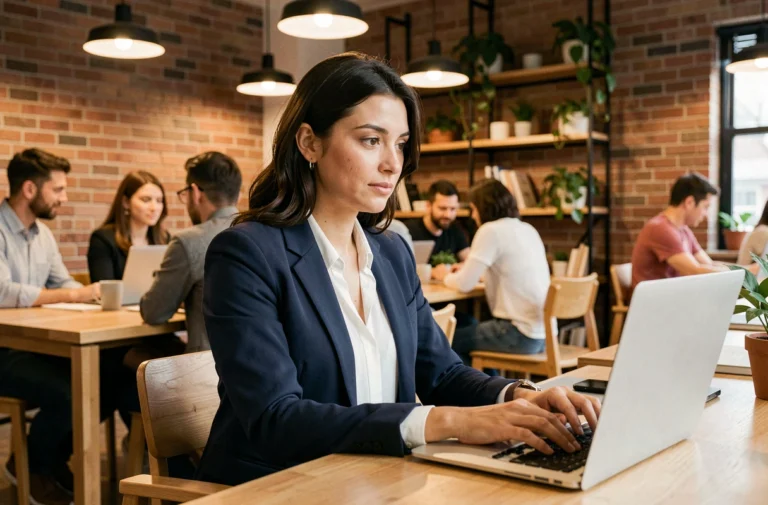 Femme professionnelle travaillant sur un ordinateur portable dans un espace de coworking moderne avec décoration en brique et mobilier en bois