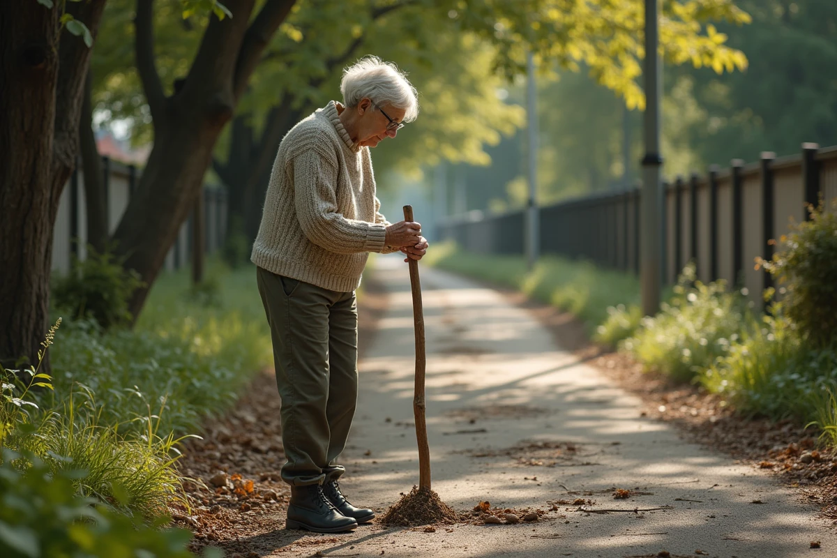 Femme âgée avec baguette en bois dans un parc urbain