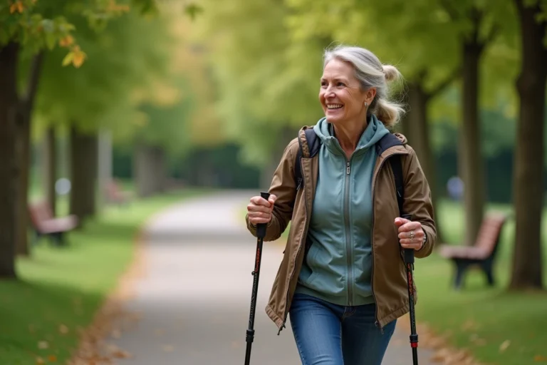 Femme souriante en randonnée dans un parc verdoyant