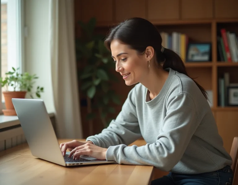 Femme consultant un portail immobilier sur son ordinateur portable dans un appartement cosy
