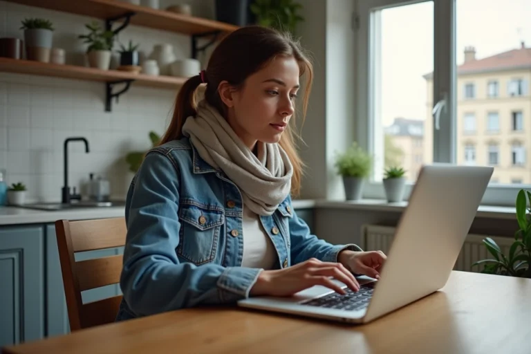 Femme en denim cherche logements sur son ordinateur à Lyon