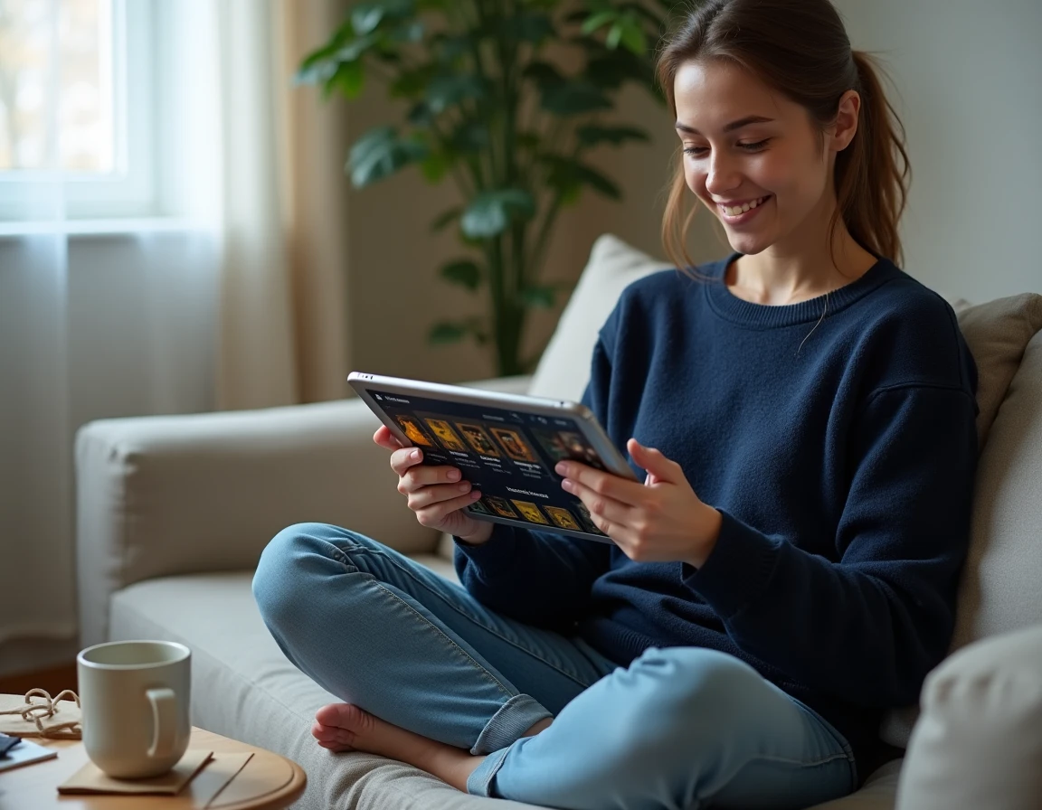 Femme adulte consultant un marketplace de jeu vidéo fantasy sur tablette dans un salon confortable