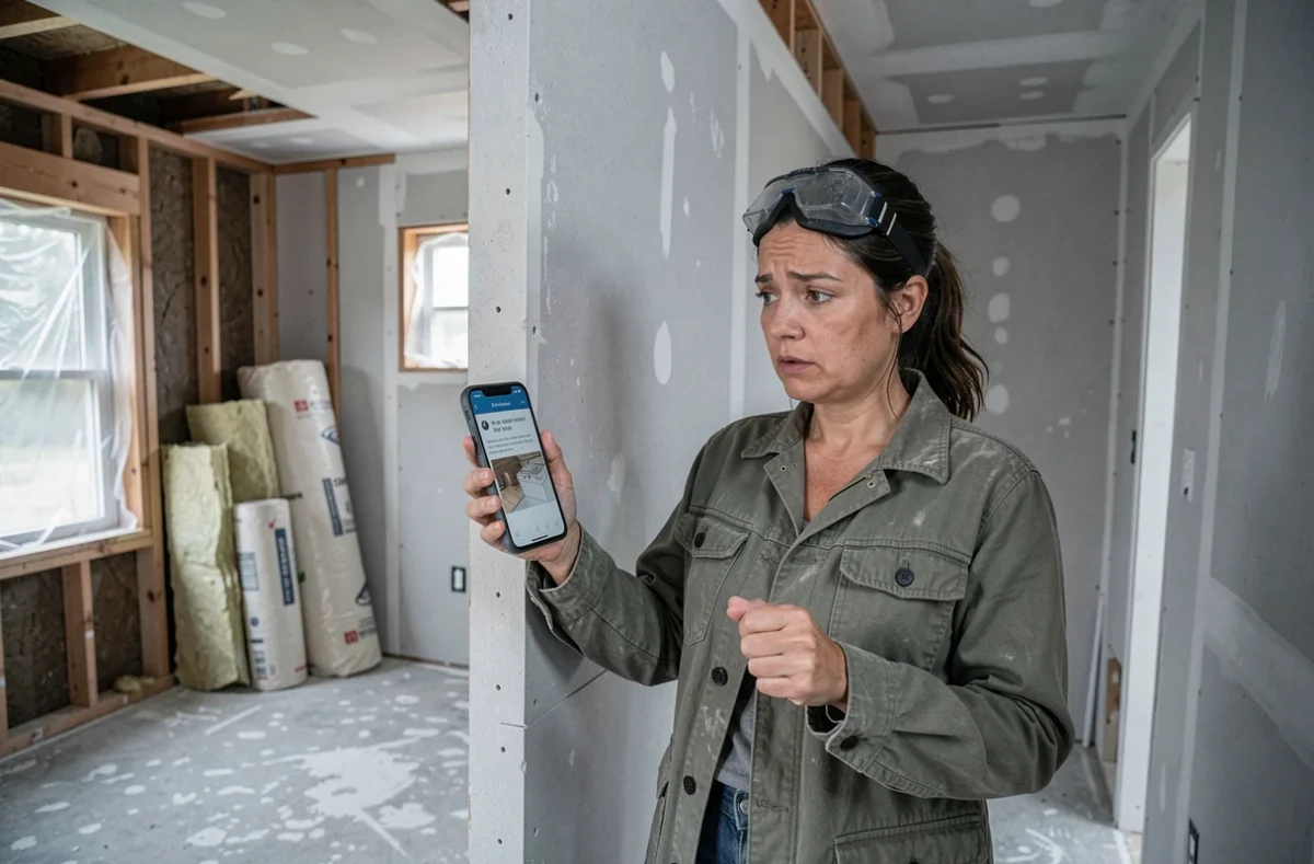 Femme consultant un tutoriel travaux sur smartphone devant une cloison en placo dans une pièce en cours de rénovation