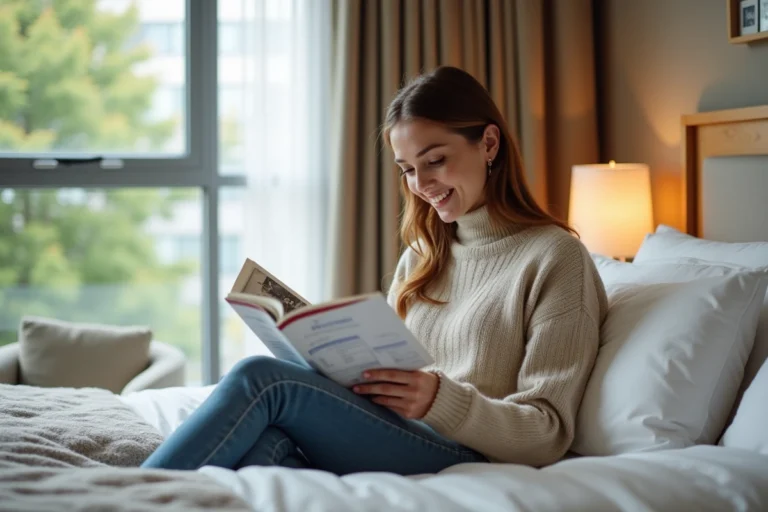 Femme souriante dans un hôtel confortable pour un voyage