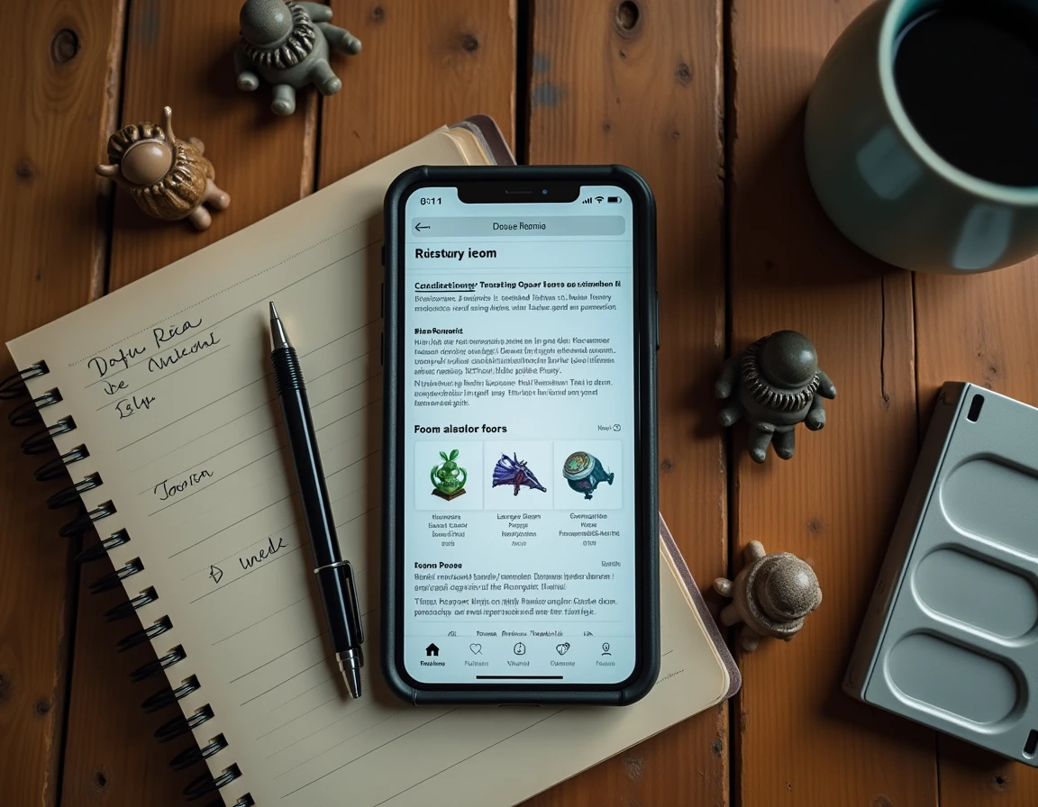 Flat lay d'un bureau avec smartphone affichant un wiki Dofus Retro, notes manuscrites sur la poudre temporelle et figurines de jeu