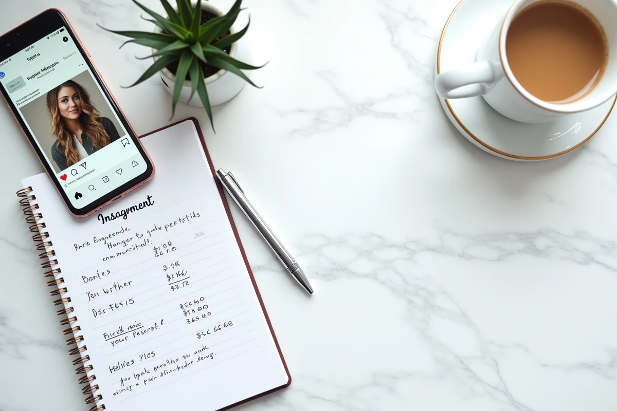 Vue de dessus d'un bureau en marbre avec smartphone affichant des statistiques Instagram, carnet de calcul de revenus et accessoires de créateur de contenu