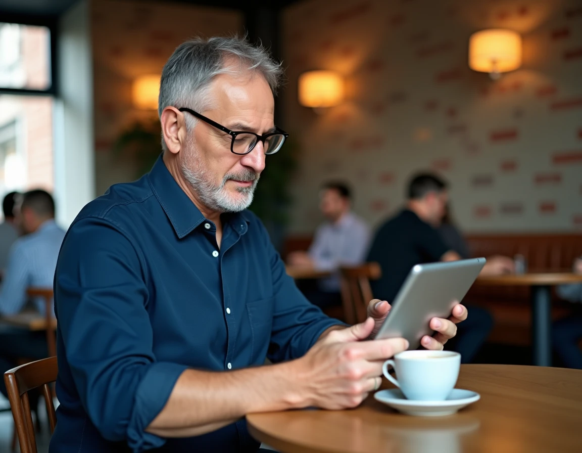 Homme gérant son compte Overblog sur une tablette dans un café moderne