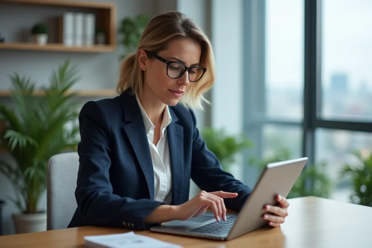 Professionnelle de l'immobilier consultant une application de gestion locative sur tablette dans un bureau moderne